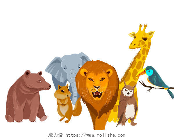 彩色手绘卡通动物群体世界动物日元素PNG素材